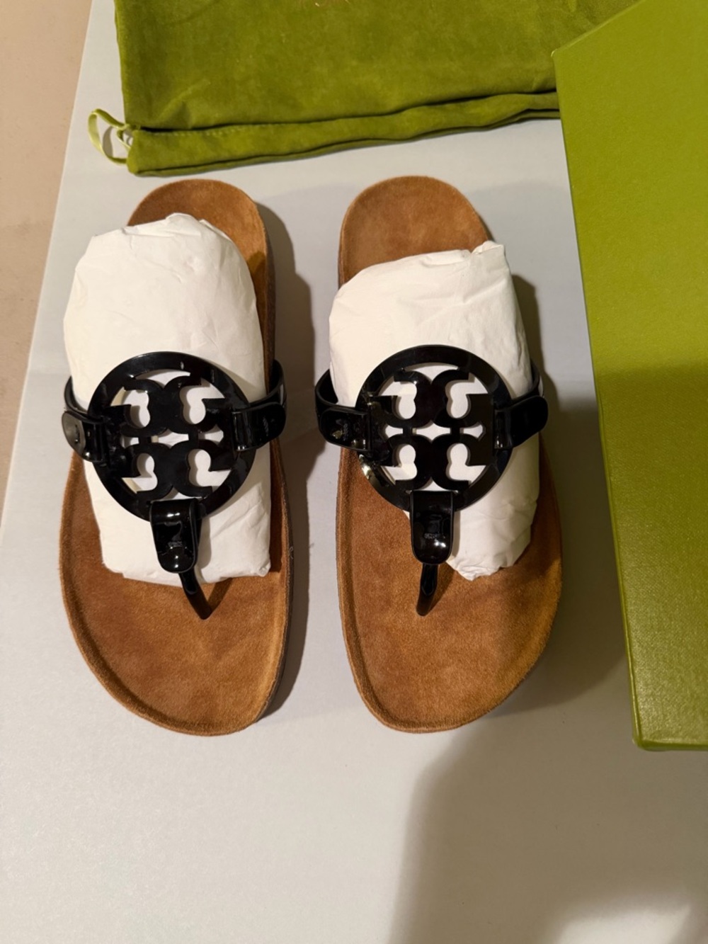 Tory Burch Miller Cloud Black Patent Logo Thong Sandals with Brown Suede Footbed